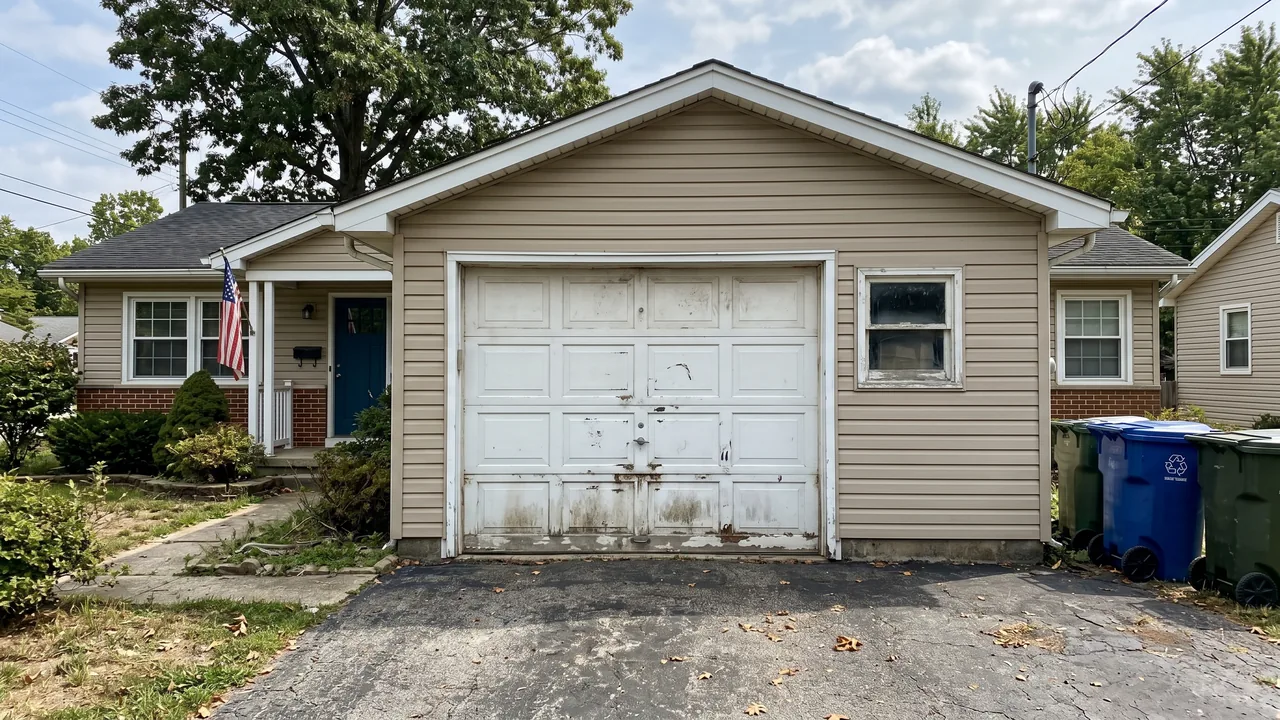 Before: a worn, damaged white garage door on the same home
