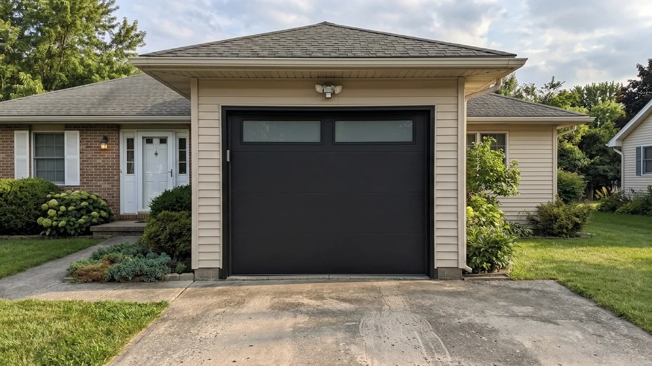 After: a modern black garage door with a glass top row