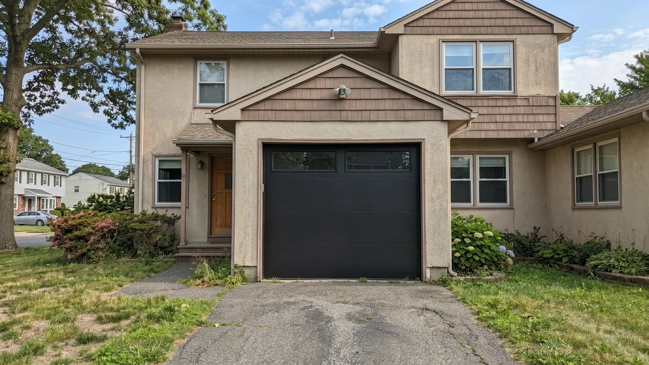 After: a smart black sectional garage door with a window row