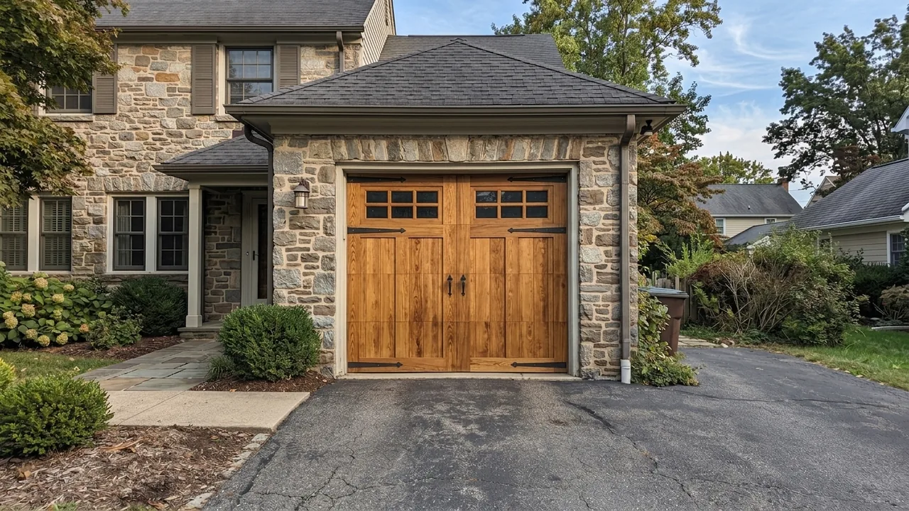 After: a warm-stained wood carriage-style garage door