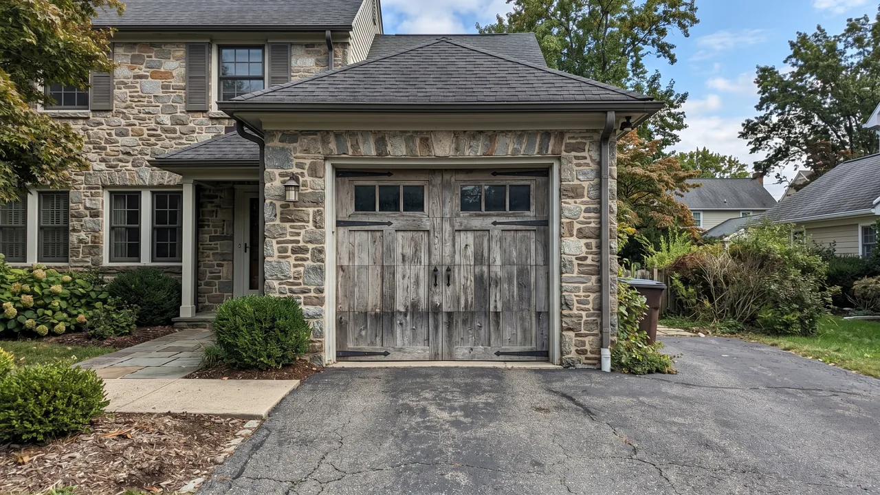 Before: an aged, grey weathered wood carriage door